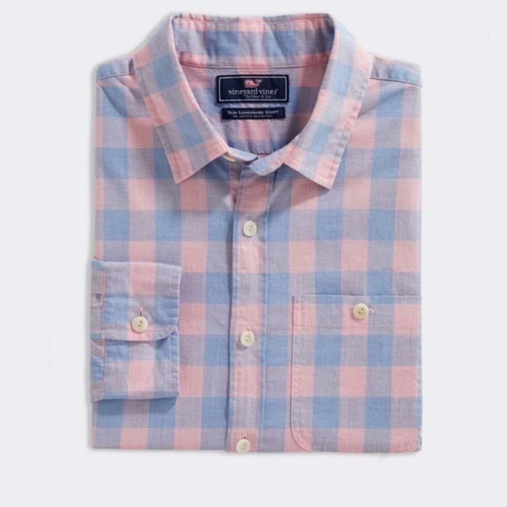 Vineyard Vines Pink Blue Checked Cove Island Slub Longshore Shirt Medium EUC